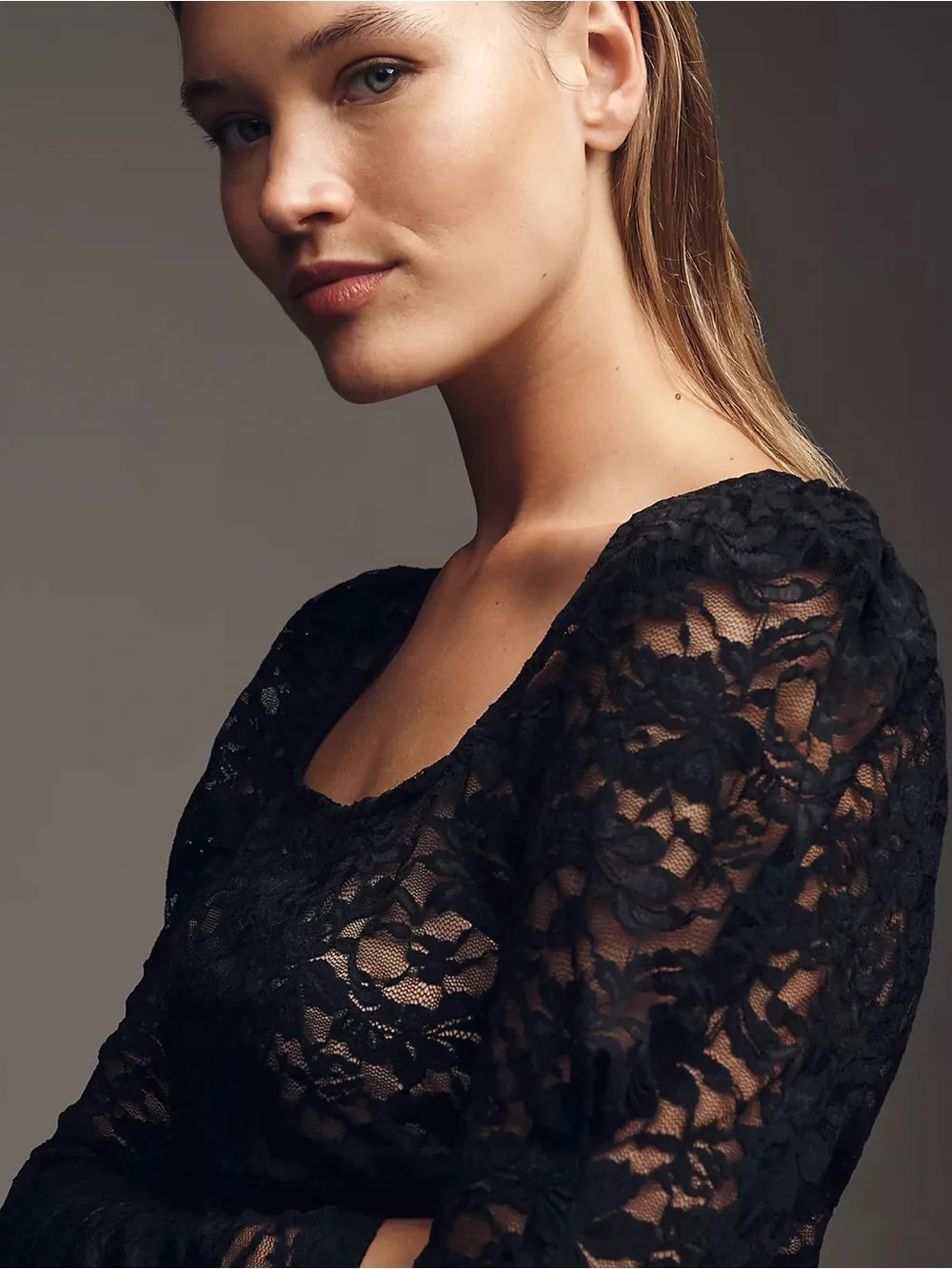 By Anthropologie Puff-Sleeve Sheer Lace Black Square-Neck Long Sleeve Top NEW